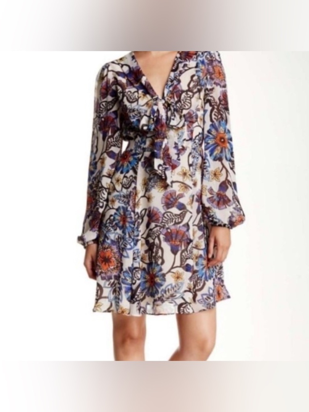 Betsey Johnson White Floral V-Neck Long Sleeve Dress with Blue and Orange Blooms